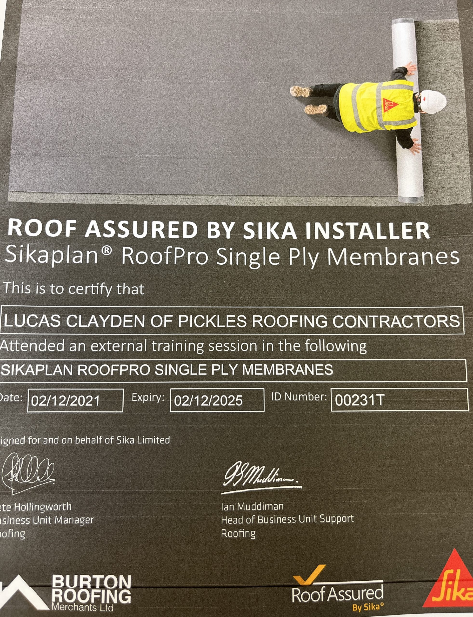Certificate from Sika 2